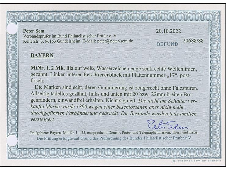 1890, unverausgabte 2 Mark mittelbräunlichlila, linker unterer Eckrand-4er-Block mit Pl.-Nr. "17", postfrisch. Einwandfrei un