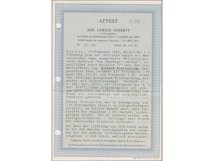 1895, das 'Aichach-Provisorium': &nbsp;3 Pfennig grau mit Überdruck "2" in allen vier Ecken, waagerechtes Paar, farbfrisch un