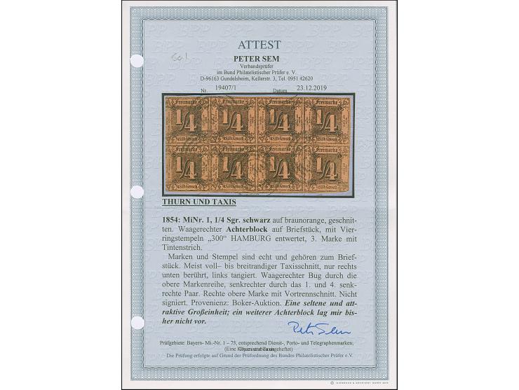 1852/58, Ziffernausgabe auf farbigem Papier, ¼ Silbergroschen schwarz auf dunkelbraunorange im waagerechten 8er-Block, farbfr