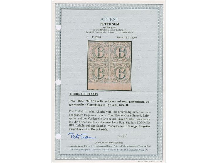 6 Kreuzer auf rosa im 4er-Block, dabei ein Wert in Type B, farbfrisch und voll- bis breitrandig geschnitten, unten mit ca. 7 