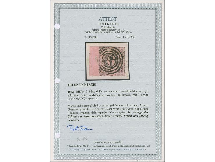 6 Kreuzer auf mattrötlichkarmin, überrandiges linkes Randstück mit Teilen aller 5 Nachbarmarken und links ca. 8 mm Bogenrand,