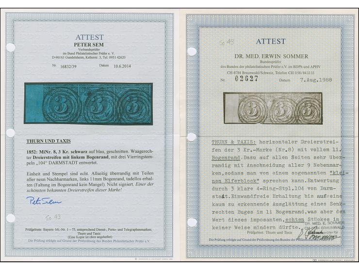 3 Kreuzer auf dunkelblau, waagerechter Dreierstreifen, allseits überrandig, mit Teilen aller 8 Nachbarmarken und links ca. 11