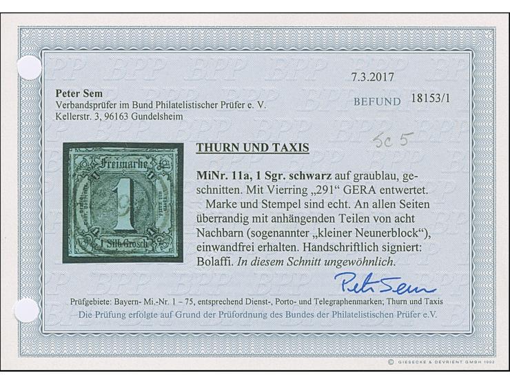 1 Silbergroschen auf graublau und 3 Kreuzer auf graublau, beide allseits überrandig mit Teilen aller 8 Nachbarmarken (sogenan