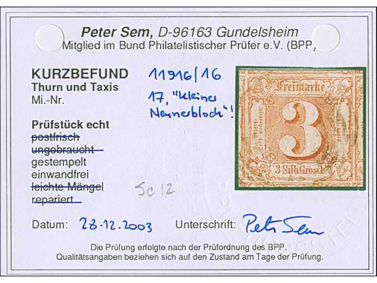 3 Silbergroschen bräunlichrot, farbfrisch und allseits überrandig, mit meist größeren Teilen aller 8 Nachbarmarken (sogenannt