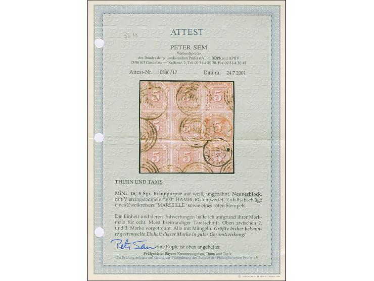 5 Silbergroschen braunpurpur im 9er-Block, oben etwas angeschnitten und rechts unten leicht berührt, sonst voll- bis überrand