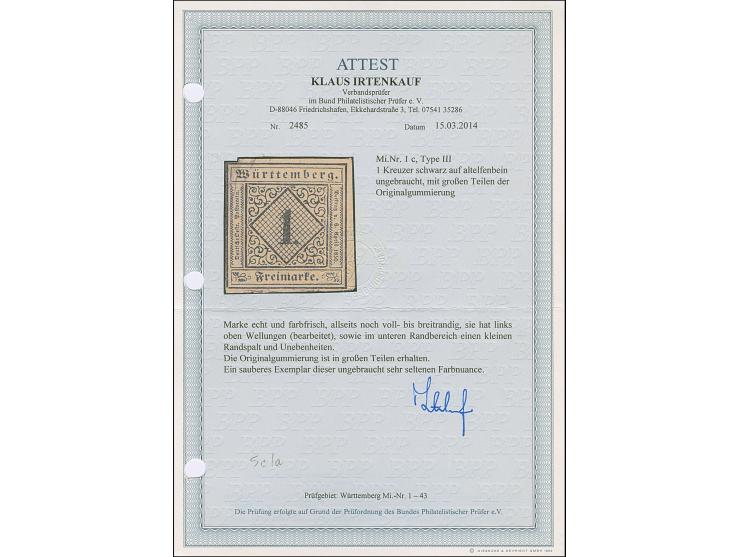 1 Kreuzer auf Altelfenbein, Type III, allseits voll- bis meist breitrandig, ungebraucht mit großen Teilen des Originalgummis.