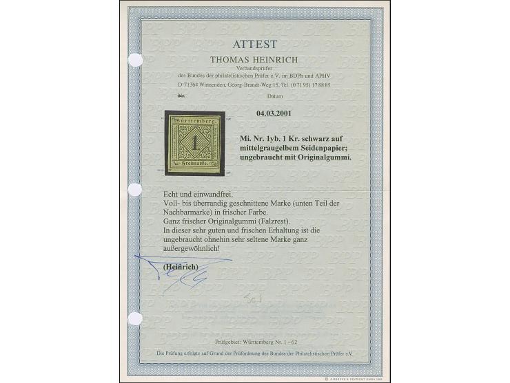 1 Kreuzer auf mittelgraugelbem Seidenpapier, farbfrisch und voll-bis überrandig, unten mit Teil der Nachbarmarke, ungebraucht