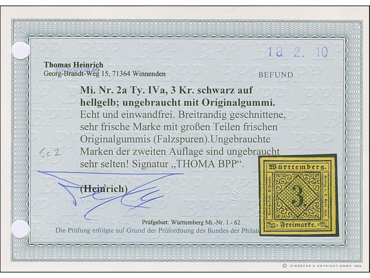 3 Kreuzer auf hellgelb, Type IVa, farbfrisch und allseits breitrandig, ungebraucht mit frischem Originalgummi, Falzrest und g