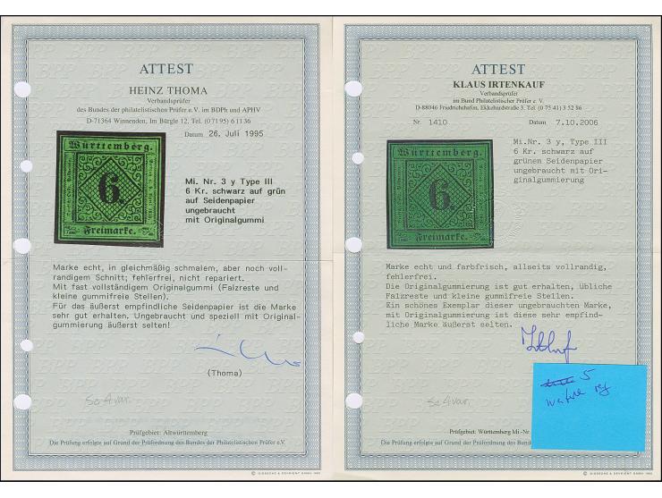 6 Kreuzer auf grünem Seidenpapier, schöne tiefe, frische Farbe und allseits vollrandig, ungebraucht mit Originalgummi. Äußers