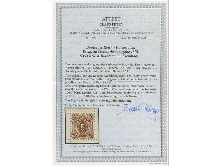 1875, 5 Pfge. als Essay im Ziffermuster mit Wertschildoval und in den Ecken mit Reichsadler in den Farben lilabraun, violett 