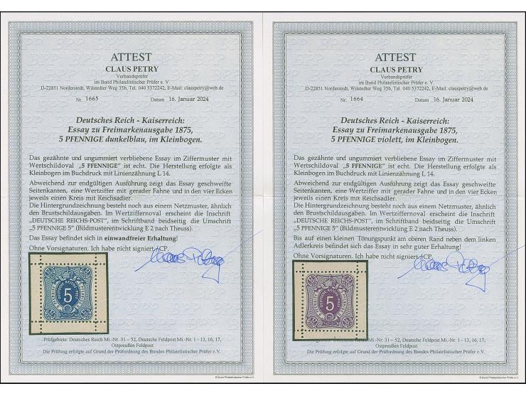 1875, 5 Pfge. als Essay im Ziffermuster mit Wertschildoval und in den Ecken mit Reichsadler in den Farben lilabraun, violett 