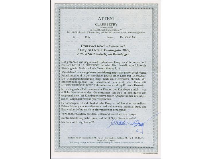 1875, 2 Pfge., Essay im Ziffermuster mit Wertschildoval und in den Ecken mit Reichsadler in Violett auf weißem Papier ohne Gu
