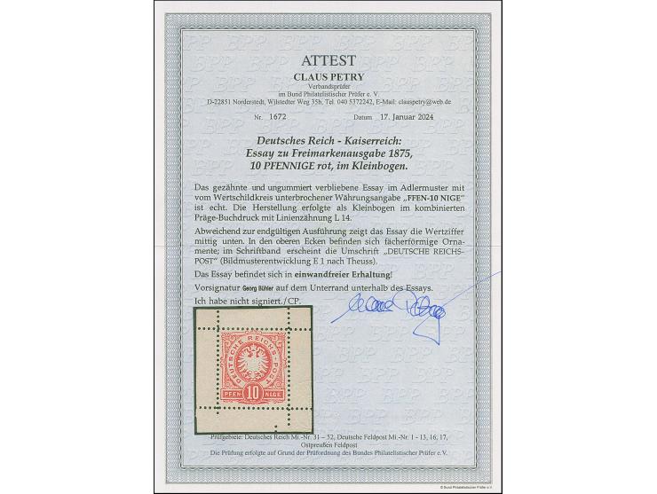 1875, &nbsp;10 Pfge. als Essay im Adlermuster mit vom Wertschildkreis unterbrochener Währungsangabe “PFEN-10-NIGE” in Rot auf