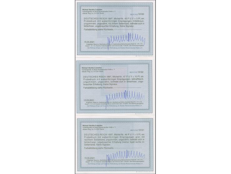 1890, Krone/Adler 3-10 Pfg. als ungezähnte Probedrucke mit wabenförmigen Einprägungen kpl., ungummiert wie verausgabt, in ein