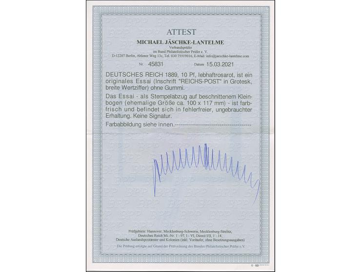 1890, Krone/Adler 10 Pfg. lebhaftrosarot als ungezähntes Essay mit Inschrift “REICHS-POST” in Grotesk als Einzelabzug im besc