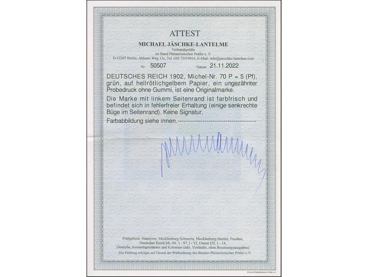 1902, Germania 5 Pfg. als ungezähnter Probedruck in Grün auf hellrötlichgelbem Papier ohne Gummierung, Randstück mit senkrech