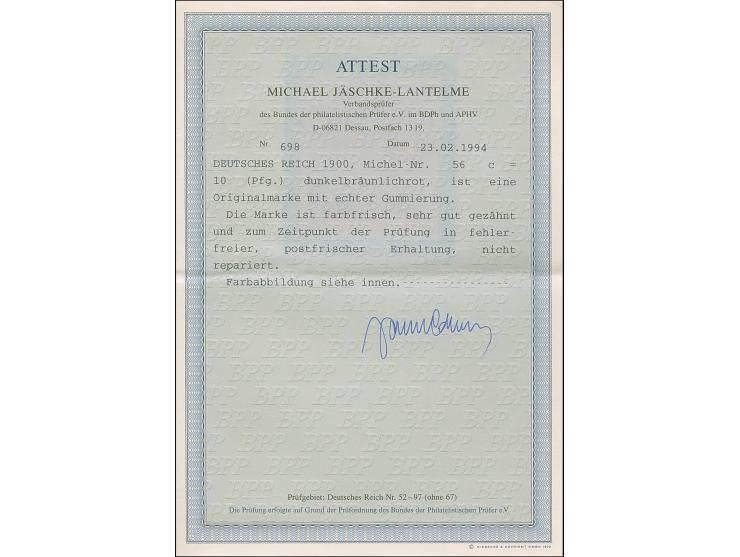 1900, Reichspost 10 Pfg. dunkelbräunlichrot, postfrisch, in tadelloser Erhaltung. Ein sehr schönes Exemplar mit dieser selten