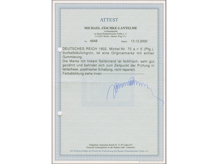 1902, 5 Pfg. dunkelbläulichgrün, Randstück, postfrisch, in tadelloser Erhaltung, unsigniert mit Fotoattest Jäschke-L. BPP (20
