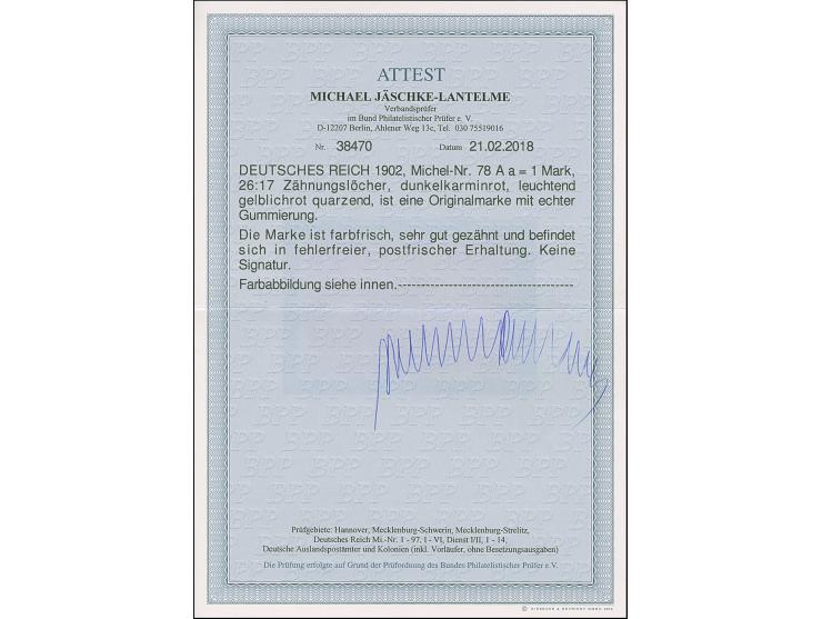 gezähnt 26:17: 1 M. dunkelkarminrot (leuchtend gelblichrot quarzend), postfrisch, in tadelloser Erhaltung. Ein sehr schönes E