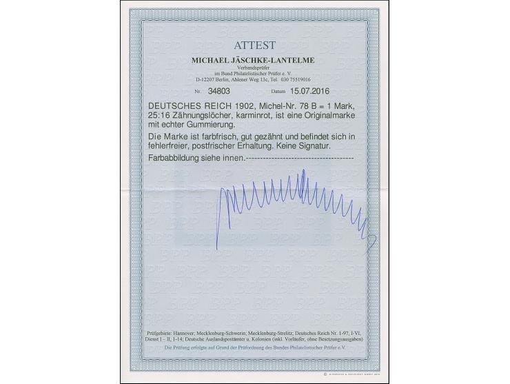 gezähnt 25:16: 1 M. karminrot, postfrisch, in tadelloser Erhaltung. In dieser Qualität eine sehr seltene Marke, unsigniert mi