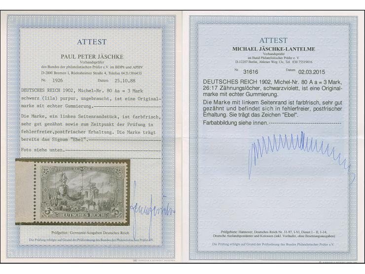 gezähnt 26:17: 3 M. schwarzviolett, Randstück, postfrisch, farbfrisch und in tadelloser Erhaltung. Mit Altsignatur Ebel und F