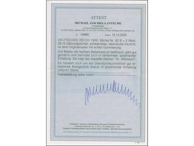 1902, 2 M. schwarzblau mit lateinischer Inschrift, 25:16 Zähnungslöcher, Randstück, postfrisch, in einwandfreier Erhaltung. E