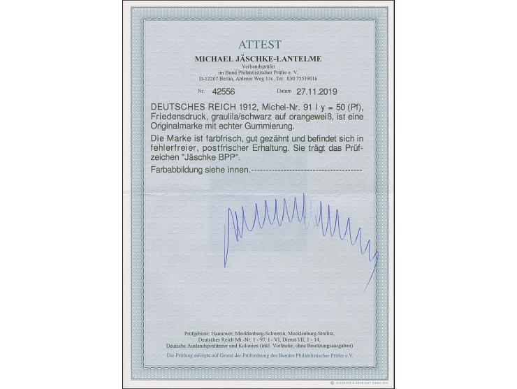1905/13, Friedensdruck 50 Pfg. graulila/schwarz auf orangeweiß, farbfrisch, postfrisch, in tadelloser Erhaltung. In dieser Qu