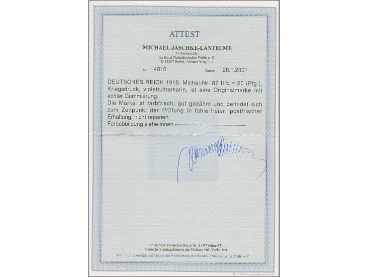 1915, Kriegsdruck 20 Pfg. violettultramarin, postfrisch, in tadelloser Erhaltung, unsigniert mit Fotoattest Jäschke-L. BPP (2