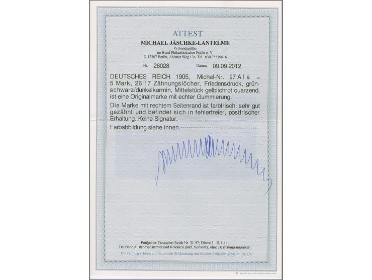 1902/12, Friedesdruck 5 M. grünschwarz/dunkelkarmin (Mittelstück gelblichrot quarzend), Randstück, postfrisch, in tadelloser 