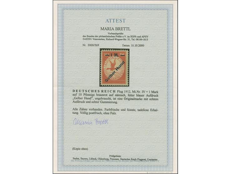 1912, Flugpost Rhein/Main Gelber Hund 1 M., postfrisch, in tadelloser Erhaltung, unsigniert mit Fotoattest Brettl BPP (2000)