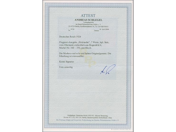 1924, Holztaube 5-300 Pfg. kpl. je mit Plattendruck-Oberrand, postfrisch, in tadelloser Erhaltung, unsigniert mit Fotoattest 