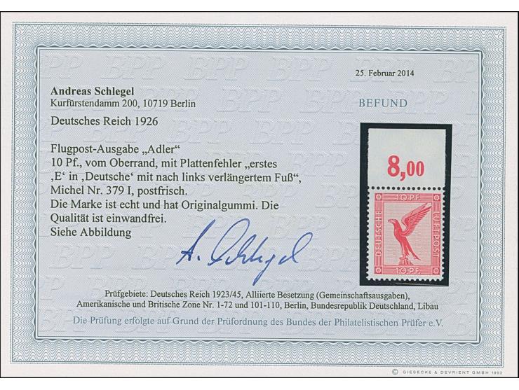 1926, Adler 10 Pfg. mit Plattenfehler “unterer Strich des 1. E in DEUTSCHE nach links verlängert” (Feld 8), Oberrandstück, po