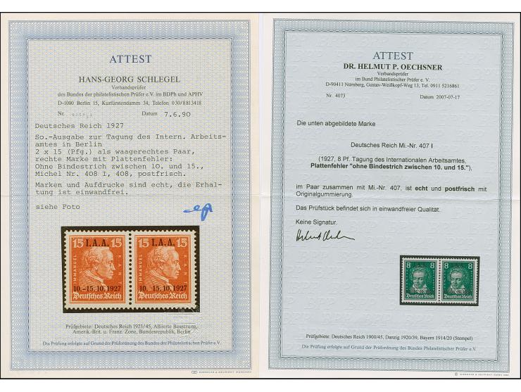 1927, I.A.A. 8 und 15 Pfg. je mit Aufdruck-Abart "Bindestrich zwischen 10 und 15 fehlt, jeweils im waagerechten Paar mit Norm