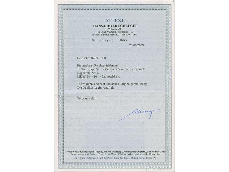 1928, Reichspräsidenten 3-80 Pfg. kpl. mit Plattendruck-Oberrand, postfrisch, in tadelloser Erhaltung. Ein dekorativer Oberra