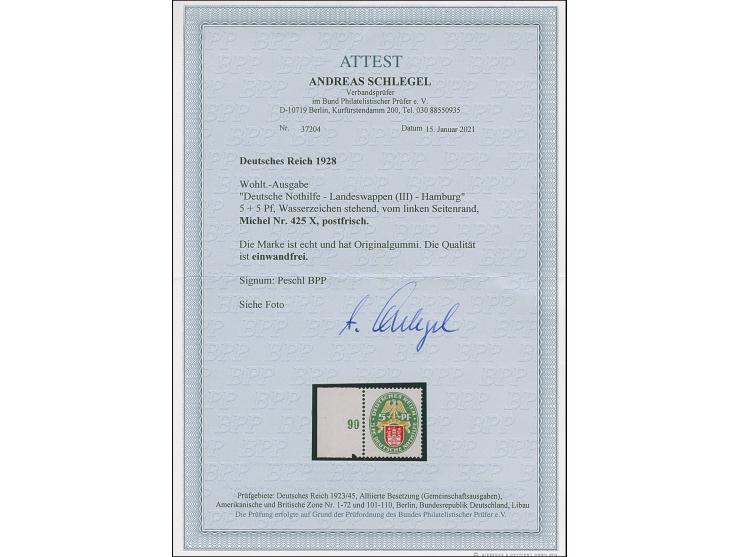 1928, Nothilfe 5 Pfg. mit stehendem Wasserzeichen, Randstück postfrisch, in tadelloser Erhaltung. Ein schönes Exemplar dieser