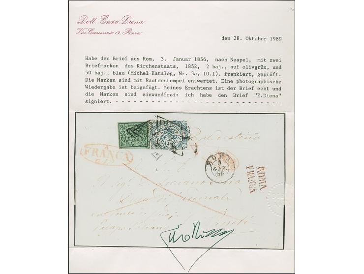 1856, 50 b. blue with 2 b. olive green tied by overlapping diamond cancellations on a complete, freshly preserved collector's