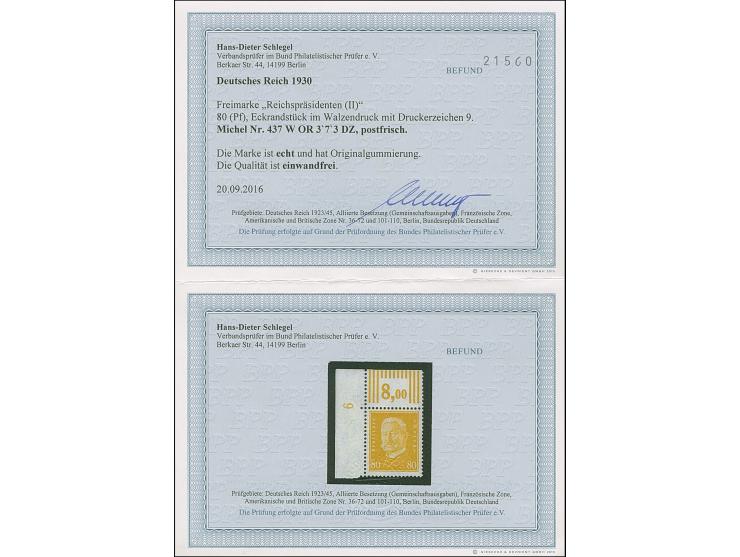 1930, Reichspräsidenten 10, 20 und 80 Pfg. mittelbraungelb jeweils mit Walzendruck-Oberrand mit der Konfiguration “3'7'3”, da