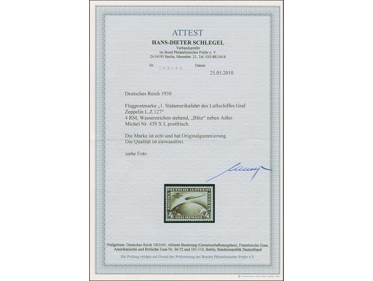 1930, Südamerikafahrt 4 M. mit stehendem Wasserzeichen und Plattenfehler “Blitz neben Adler” (Feld 10), postfrisch, in tadell