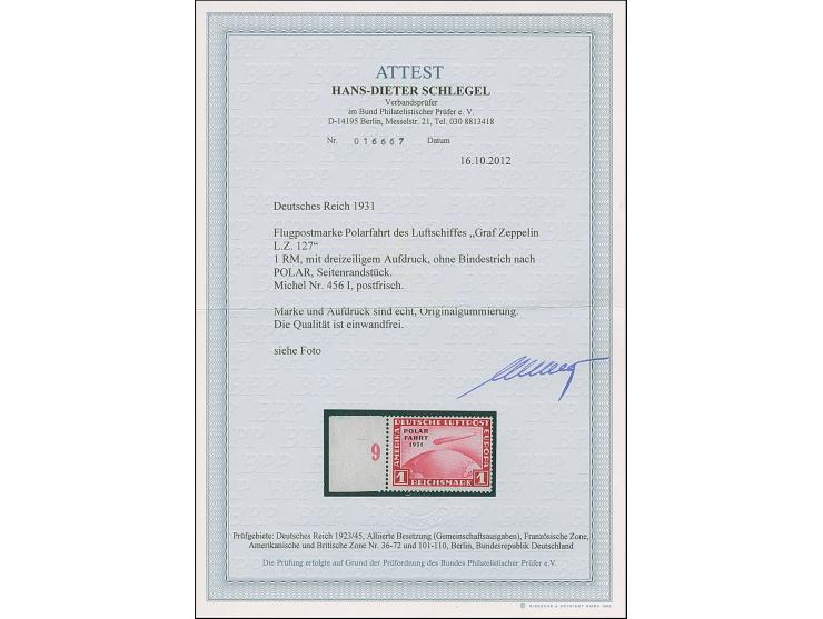 1931, Polarfahrt 1 M. mit Aufdruckfehler “Bindestrich nach POLAR fehlt” (Feld 41), Randstück, postfrisch, in tadellos, unsign