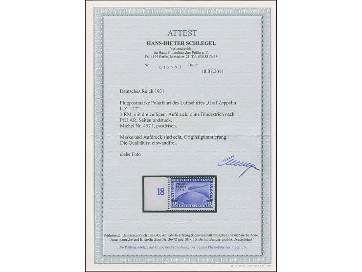 1931, Polarfahrt 2 M. mit Aufdruckfehler “Bindestrich nach POLAR fehlt” (Feld 41), Randstück, postfrisch, in tadellos, unsign