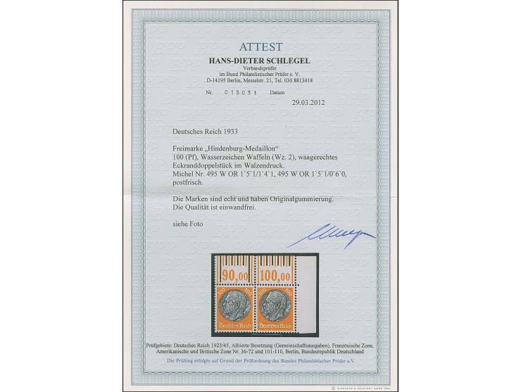 1933, Hindenburg 100 Pfg. mit Wasserzeichen 2 im waagerechten Paar aus der rechten oberen Bogenecke mit Walzendruck-Kombinati