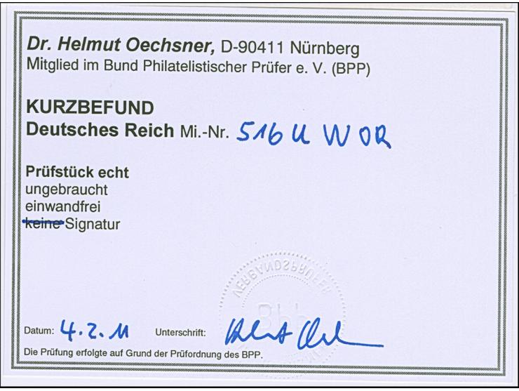 1936, Hindenburg 6 Pfg. ungezähnt mit Walzendruck-Oberrand, ungebraucht, in einwandfreier Erhaltung, signiert Peschl BPP und 