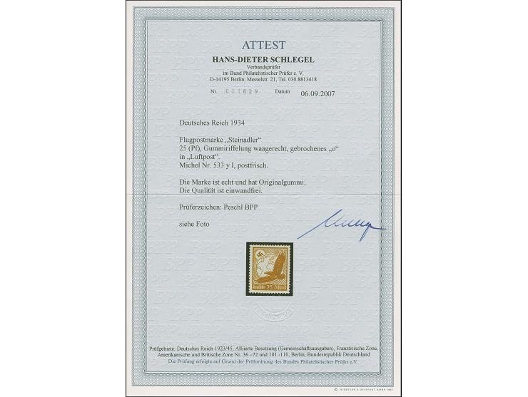 1934, Steinadler 25 Pfg. mit waagerechter Gummiriffelung und Plattenfehler “o in Luftpost oben gebrochen” (Feld 81), postfris