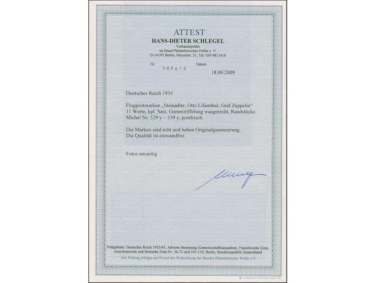 1934, Flugpost 5 Pfg.-3 M. mit liegendem Wasserzeichen komplett, bis 100 Pfg. je mit Oberrand, die beiden Höchstwerte jeweils