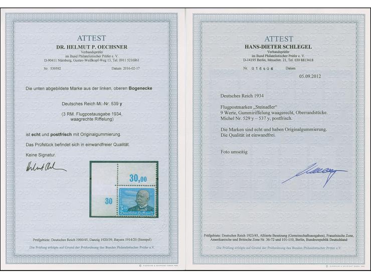 1934, Flugpost 5 Pfg.-3 M. mit liegendem Wasserzeichen komplett, bis 100 Pfg. je mit Oberrand, die beiden Höchstwerte jeweils