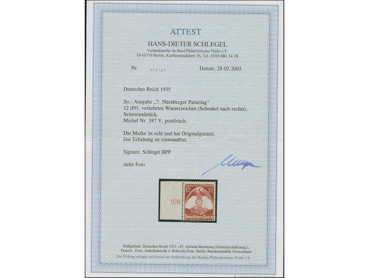 1935, Reichsparteitag 12 Pfg. mit seitenverkehrtem Wasserzeichen, postfrisch, in tadelloser Erhaltung, signiert Schlegel BPP 