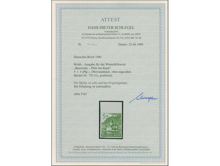 1940, WHW Bauwerke 5 Pfg. oben ungezähnt mit Oberrand, postfrisch, in tadelloser Erhaltung, unsigniert mit Fotoattest D. Schl