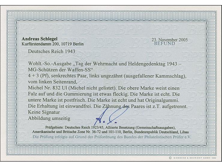 1943, Tag der Wehrmacht 3 Pfg. links ungezähnt, Randstück, ungebraucht mit kleinem Gelbfleck, ansonsten in einwandfreier Erha