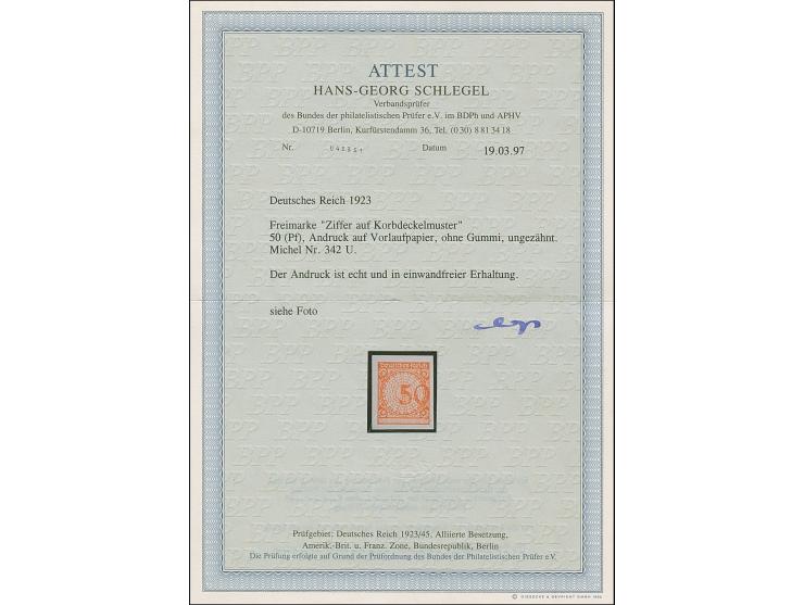 1923, Korbdeckel 50 Pfg. als ungezähnte Andruckprobe auf Vorlaufpapier ohne Gummierung, in tadelloser Erhaltung. Ein nicht hä