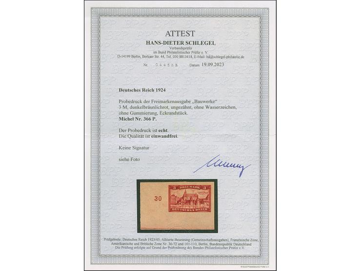 1924, Marienburg 3 M. als ungezähnter Probedruck in dunkelbräunlichrot auf Papier ohne Wasserzeichen, aus der linken unteren 